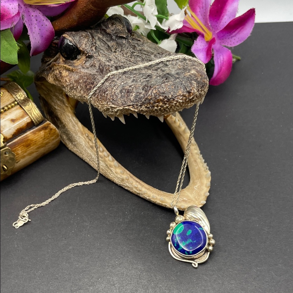Jerome Begay Sterling Navajo pendant necklace azurite stone C24